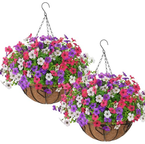 Weldomcor 2 Set Home Decoration Silk Flower Plant DIY Chain Hanging Basket Flower Pot 3 Colors Artificial Violets Fake Flowers for Parlor Garden Wedding Patio Porch Deck Yard Decoration, Big Basket