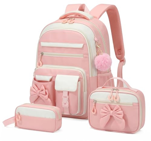 Amythe Sac à Dos Fille Primaire 3 Pièce, Ensemble Cartable Enfant Scolaire avec Sacs à Déjeuner et Trousse Crayon, Sac Ecole pour Fille 8 à 15 Ans, Rose