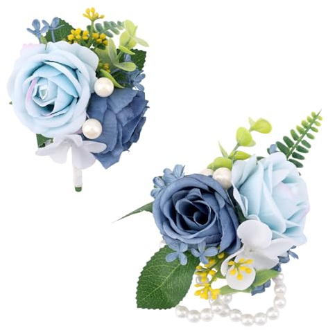 lasuroa Corsage & Boutonniere Set for Weddings Prom, Elegant Wrist Corsage with Pearl Bracelet Boutonniere with Pin Artificial Rose Flower Design Accessories for Grooms Men Women (Dusty Blue)