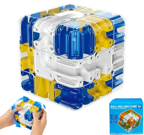 3D Rolling Ball Maze Cube, Marble Labyrinth Cube, 3D Labyrinth Puzzle Cube, Spatial Awareness Brain Training Educational Focus Game Gift for Adults Teens Kids (Yellow & Blue)