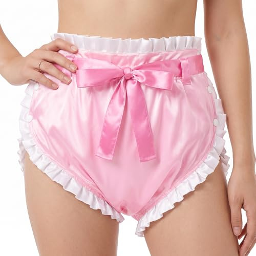 LittleForBig Silky Adult Ribbon Ruffled Omutsu Diaper Wrap Cover Washable Adjustable Reusable Waterproof Pretty in Pink Ribbon Tied Satin Omutsu Diaper Wrap Cover L