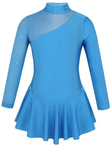 Freebily Vestido de Danza Patinaje sobre Hielo para Niña Leotardo de Manga Larga Maillot de Gimnasia Rítmica Competición Vestido de Bailarina Ballet Azul 8 años
