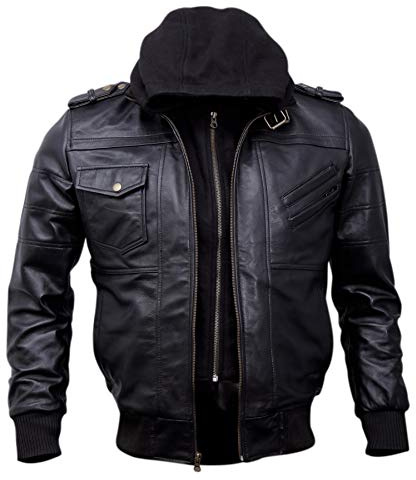 Mens Genuine Black Hooded Bomber Leather Jacket | Real Lambskin Waxed Brown Leather Jackets for Men with Removable Hood (Black, Large)