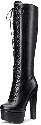 Castamere Bottes Femme Plateforme Mi-Mollet Lacets Fermeture Eclair Bloc Talon 15CM High Heels Noir Mat Chaussures EU 38