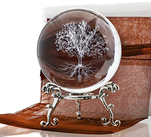 H&D HYALINE & DORA 60mm Tree of Life Crystal Ball with Stand,Decorative Paperweight 3D Laser Engraved Glass Plant Life Tree Sphere Novelty Home Decor