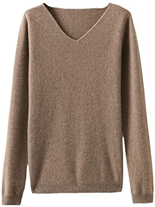 Kelsiop Pull en tricot 100 % laine cachemire pour femme - Col en V - Automne et hiver - Style décontracté, camel, L