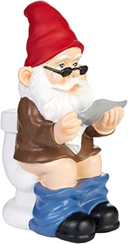 BRUBAKER Nain de Jardin sur la Toilette avec des Lunettes et Un Journal - Figure de Jardin - Drôle Décoration Résistante aux Intempéries pour Extérieur Jardin et Camping - 20 cm