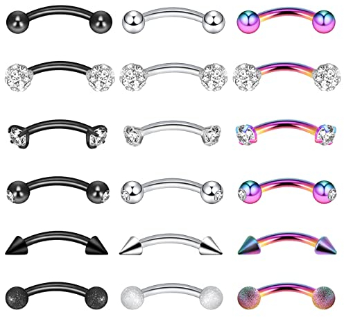 Longbeauty 16G Chirurgenstahl Bananabells Gebogen Barbell Piercing Zirkonia Lippen Augenbrauen Labret Septum Bauch Ring 8MM Stablänge, 18 Pcs