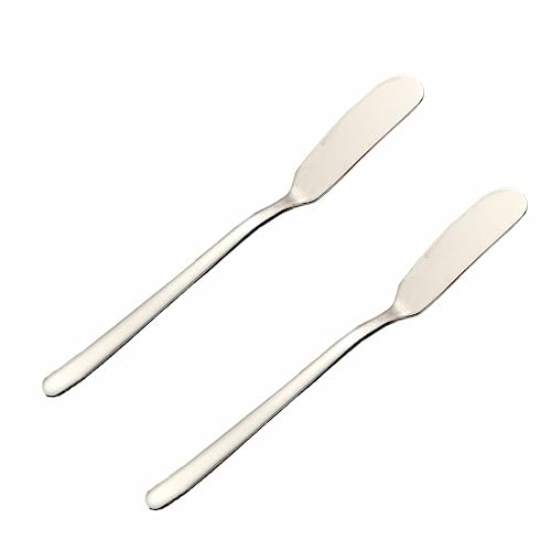Wambere 2 cuchillos de mantequilla de acero inoxidable de 16,5 cm × 1,8 cm, con mango largo, juego de cuchillos de queso, cuchillo de desayuno, cuchillo de mantequilla, para queso, tartas, pan,