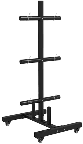SPORTNOW Hantelscheibenständer mit 6 Stangen, Gewichtsständer mit 50 mm Scheibenaufnahme, Hantelablage mit Rollen, Hantelständer bis 200 kg Belastbar, Stahl, Schwarz