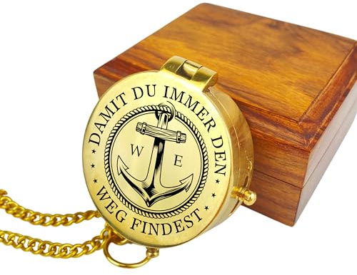 Bussola personalizzata con incisione a tema marittimo e testo personalizzato con nome. Vari design. In ottone con custodia in pelle, con scatola regalo. Idea regalo (lucida/brillante)