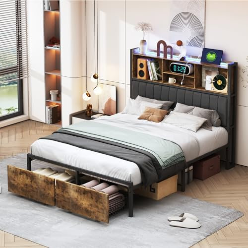 BHFFTHK Polsterbett 180x200 cm mit LED,Doppelbett Bettrahmen Metallbett mit 2 Schubladen & Lattenrost,Stauraum-Kopfteil mit USB, Stauraumbett mit Stauraum unter dem Bett,PU-Leder,Vintage Braun