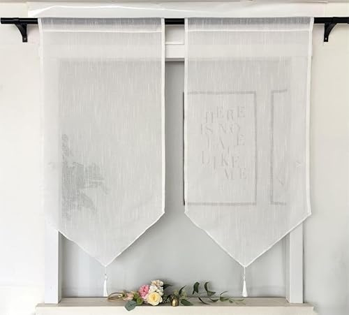 Vordesack Lot de 2 panneaux aspect lin avec pompon - Rideau brise-bise - Blanc uni - Avec passage de tringle - H x l : 60 x 45 cm