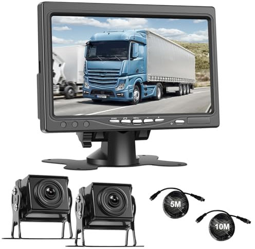 NHOPEEW Rückfahrkamera Kit mit 7 Zoll Monitor - Double 1080P Backup-Kamera Unterstützung IP69 wasserdicht/Super Nachtsicht/Weitwinkel - Monitor-Kit für LKW/Bus/Trailer/Wohnmobile