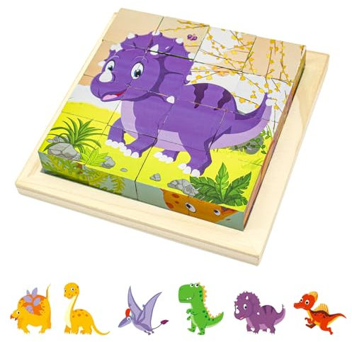 Kujinova Wooden Cube Puzzle, 6 In 1 Animal Puzzle 3D Cube Block Toys, Blocks 12, 2 x 12, 2 CM, Wooden Puzzles for 3+ Year Old, Environmentally for Girl Boy Birthday Gift Toy (D)