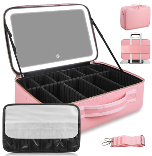 38x28CM Borsa per il trucco di grande capacità con specchio LED, custodia per il trucco professionale con luci a 3 colori, borsa per il trucco da viaggio con divisori staccabili e tracolla(Rosa)