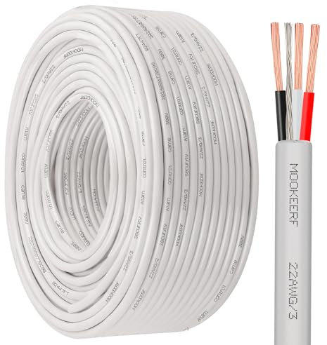 MOOKEERF 22/3 Shielded Wire 22 AWG 3 Conductor Stranded Shielded Plenum Cable 200FT White CL3P Jacket for Security/Alarm/Access Control/Sound-22AWG 3 Conductors Wire