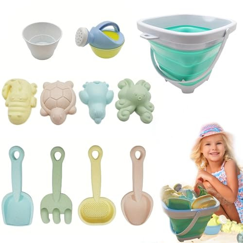 Sandspielzeug Set – 12-teiliges Sandkasten Spielzeug für Kinder, faltbarer Eimer, Schaufel, Harke, Förmchen, langlebiges Strandsandspielzeug für Jungen & Mädchen, Sommer Outdoor Geschenk, Blau