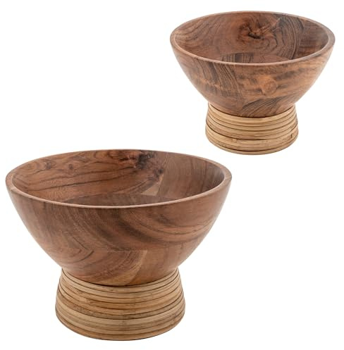 Karma, Acacia Wood Footed Rustic Serving Bowl Set of 2, Wood Accent-Plates Dessert Dish Serving Bowls