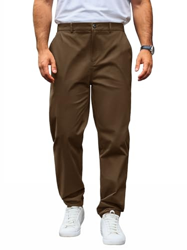 Runcati - Pantaloni chino da uomo, Regular Fit, in tessuto elasticizzato, tinta unita, in cotone, lunghi, leggeri, per il business e il lavoro, con vita elastica, marrone, L
