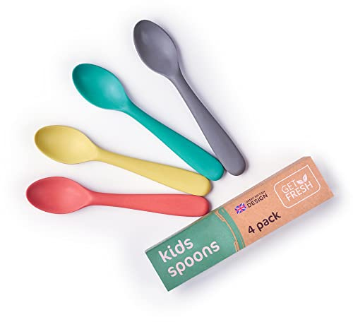 GET FRESH Bamboo Kids Spoons Set - 4-Pack Colorful Cutlery for Everyday Use - Reusable Fiber Utensils for Daily Mealtime - Large Spoons for Toddlers and School Children