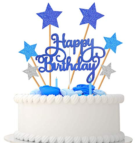 VAINECHAY Birthday Cake Decorations Happy Birthday Cake Toppers for Boy Men Girl Women Kids Blue Star Cupcake Decoration Baby Shower Party Silver