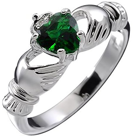 GWG Jewellery 925 Sterling Silver Claddagh Love Ring with Emerald Green Heart Stone, Hands, and Crown – 10 in Gift Box for Women