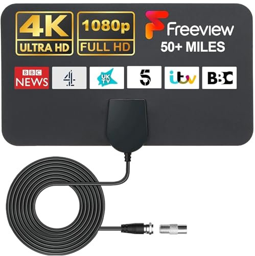 GLOBAL TECH TV Aerial Indoor - Digital TV Ariels Indoor 50 Miles HD TV Antenna for Freeview Channels - Ultra Thin TV Aerial for Stronger Signal with 13 FT Long Cable