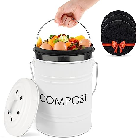 Vipush Compost Bin Kitchen Countertop Compost Bin with lid – Small Compost Bin Includes Inner Compost Bucket Liner & 3 Charcoal Filters, White