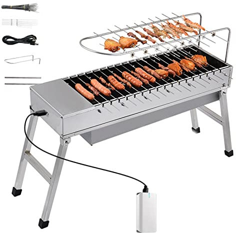 USB Electric Flipping Barbecue Charcoal Grill Removable Searing Grill Easy-To-Clean Powered By Power Bank Stainless Steel for Outdoor Cooking Camping Picnics Beach,Silver,68.5 * 40 * 24cm