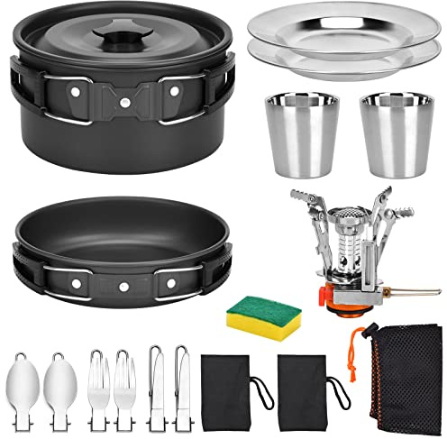 Queta Set di pentole da campeggio, 17 pezzi, per 2-3 persone, per campeggio, escursioni, picnic, barbecue, certificato Fda