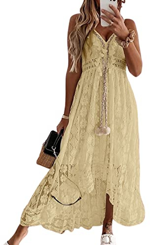 CUPSHE Robe d'été pour Femme Boho Maxi à Lacets avec Pompon col en V évasé à Volants Robes de Plage Jaune S