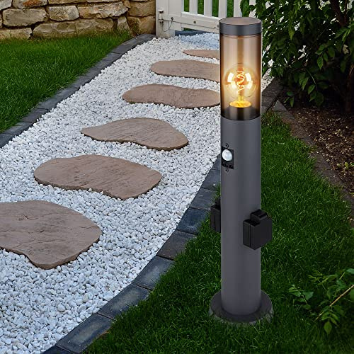 Sockelleuchte mit Steckdose und Bewegungsmelder Steckdosensäule Garten mit Licht, Edelstahl anthrazit, Kunststoff rauch, 1x E27, DxH 7,6x60 cm