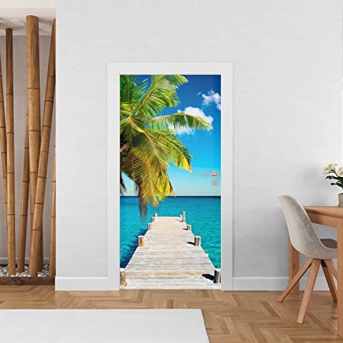 Sticker trompe l'oeil porte deco palmier pont sticker mural poster 63x205cm