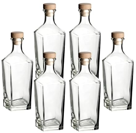 gouveo Set di 6 decanter da 500 ml Ina con tappo di sughero (HGK) – Bottiglia di design da 0,5 l in vetro – Caraffa con corpo quadrato per liquore, whisky, cognac (DIT500HGK)