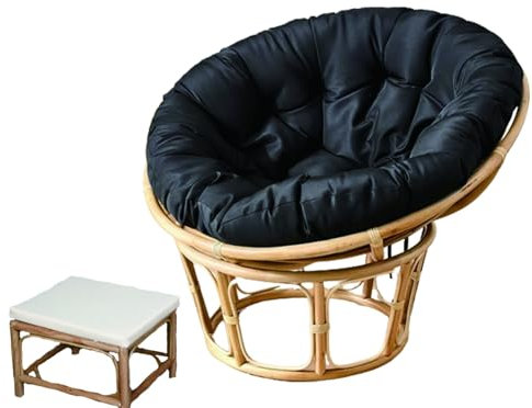 MIAOMI Sillón Perezoso, Cómodo Sillón con Platillo, Sillón Papasan De Mimbre, Sillón Papasan Redondo De Ratán Natural, con Cojín Y Reposapiés para Silla Papasan, 110 * 110 * 80 Cm(Negra)