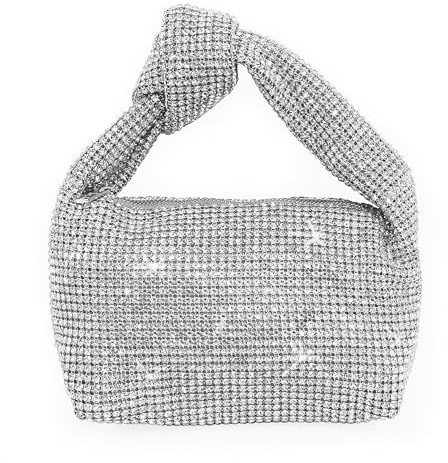 Borsa da Sera Elegante con Strass, Pochette da Donna Brillantinata con Manico Annodato, Borsetta a Mano Scintillante per Party, Eventi, Matrimonio, Ballo (Argento)