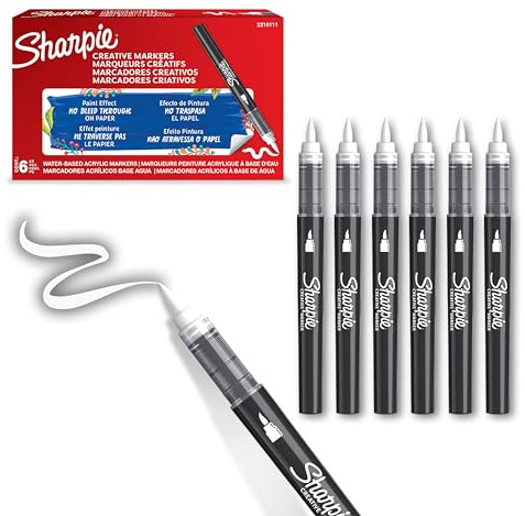 Sharpie Creative Marker Acrylic Paint Pens | Brush Tip Water-Based Paint Markers | White | No-Bleed Ink Writes on Most Surfaces | Crafting & Art Supplies | 6 Count