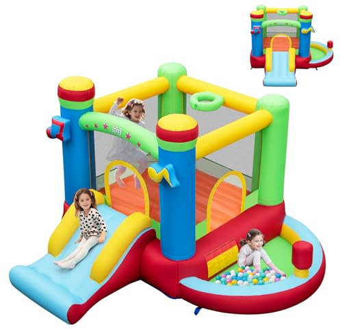 COSTWAY 5 en 1 Château Gonflable Musical avec Toboggan & Maison de Saut, Aire de Jeux Gonflable avec Piscine & Panier de Basket & Boxe, Intérieur Extérieur pour 3-12 Ans, Charge 90kg