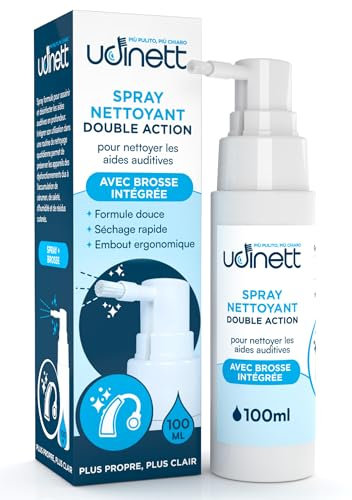 Spray Nettoyant pour Appareils Auditifs 100ml avec Brosse Hygiénisant Udinett pour le Nettoyage des Écouteurs Bluetooth Élimine le Cérumen la Saleté avec Effet Immédiat Formule Sans Alcool
