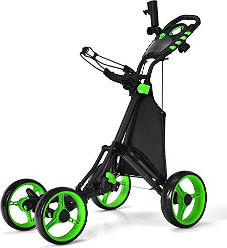 LIFEZEAL Carrello da golf leggero con 4 ruote, carrello da golf pieghevole con borsa, freno a pedale e maniglia regolabile, 110 x 65 x 100 cm (verde)