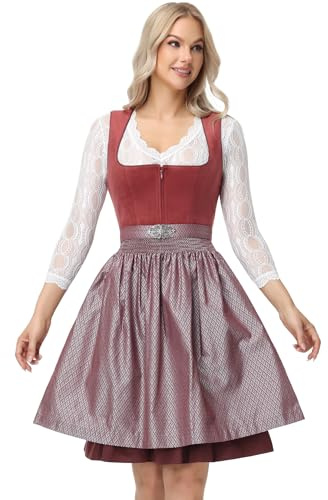 TrendiMax Damen Midi Dirndl - Elegant Samt Dirndlkleid Trachtenkleid für Oktoberfest mit Blumenmuster Schürze, Orange, 34