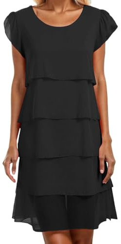 Générique Robe Femme Été en Mousseline Col Rond Élégante ete Robes De Soirée Imprimé Fleurs À Manches Courtes Superposés Volants Léger Et Respirant Mini Dress Décontracté Plage Cocktail Robe