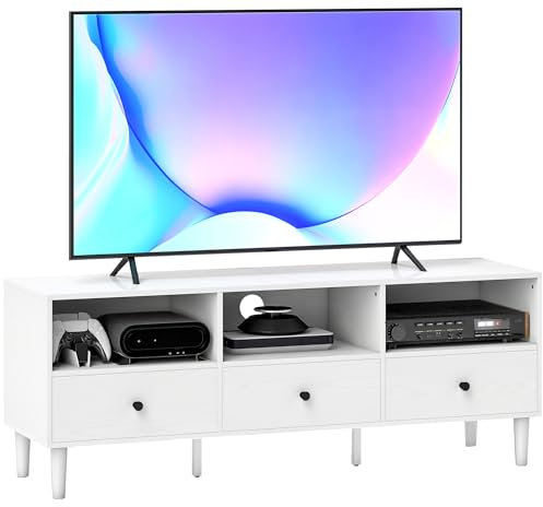 HOMCOM Mueble de TV Moderno Mueble de TV para Salón con 3 Compartimentos Abiertos 3 Cajones y Orificio para Cables para Televisión de 45/55/65 Pulgadas 120x34x45 cm Blanco