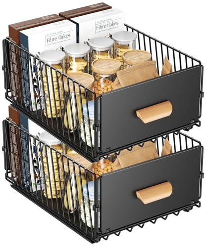 Telescopic Drawer, Extendable Drawer for Kitchen Cabinets, Slide Out Cabinet Organiser with Handle & Adhesive, Drawer Storage Shelf for Kitchen Pantry, No Drilling