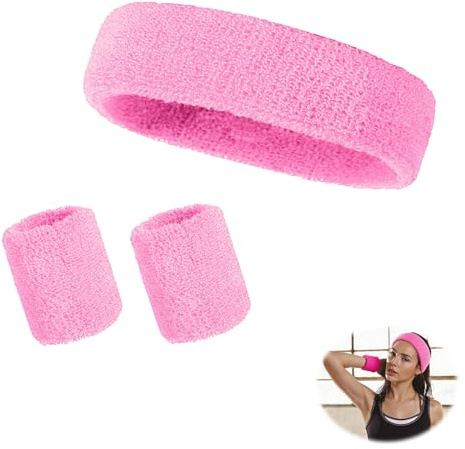 3 Pièces Ensemble de Bandeau et Poignet, Bandeau et Bracelet Sport Bracelets en Coton Doux Bandeaus de Sport Absorption de l'Humidité et de la Sueur pour Hommes Femmes Fitness Course