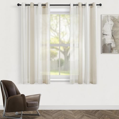 Topfinel Vorhänge mit Ösen Gardinen Weiß +Beige Streifen Vorhang Halbtransparent kurz 140x160 cm Ösenvorhang Dekorieren Moderner Wohnzimmer