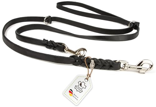 Hundeleine Leder 2m kleine Hunde leicht Fettlederleine [3-Fach Verstellbar] Lederleine geflochten – robuste Leine Hund mit Chrombeschlägen – Führleine Hund & Freihandleine zum Umhängen, Schwarz 10mm