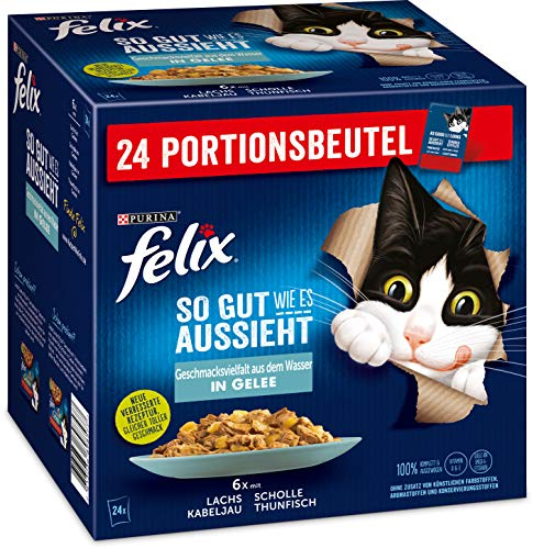 Felix Katzennassfutter So gut wie es aussieht in Gelee Geschmacksvielfalt aus dem Wasser , 4er Pack (4 x 24 x 85 g )Portionsbeutel