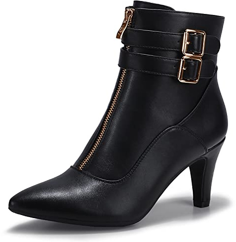 IDIFU Women's Pointed Toe Metal Buckle Two Strap Ankle Booties Side Zipper Kitten Heel Dress Classic Short Boots(Black Pu, 8.5 M US)